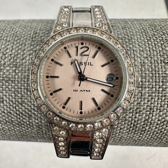 Fossil Watch Womens 25mm Pave Bezel Date Silver Tone 6" Quartz New Battery - Picture 4 of 12